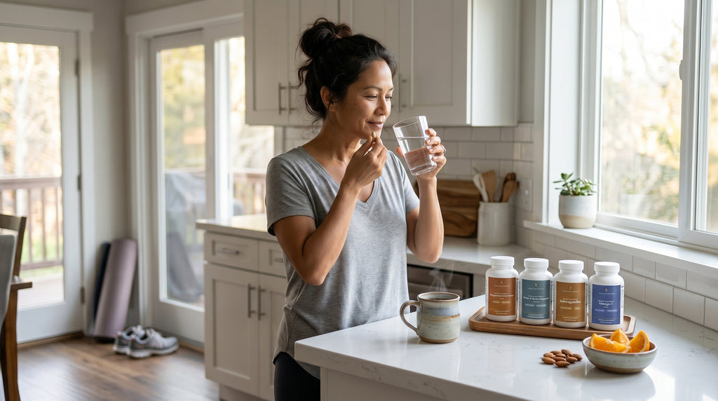 Midlife woman taking her daily Vibrant Body Essentials supplements in a bright kitchen