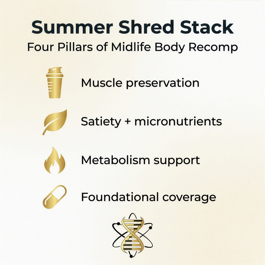 Summer Shred Stack four pillars — muscle preservation, satiety and micronutrients, metabolism support, foundational coverage