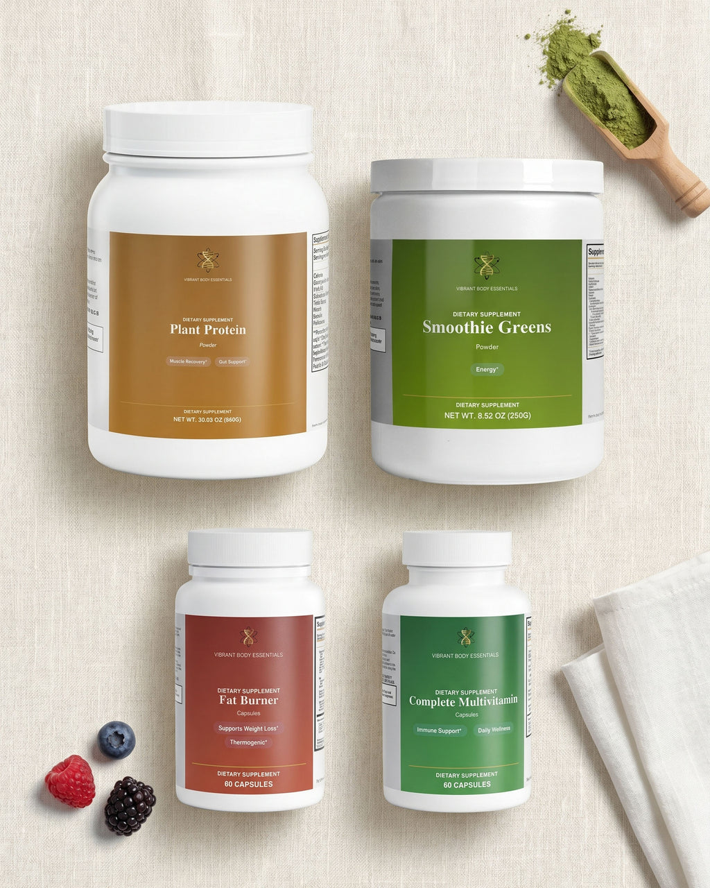 Summer Shred Stack supplements on linen with matcha and berries