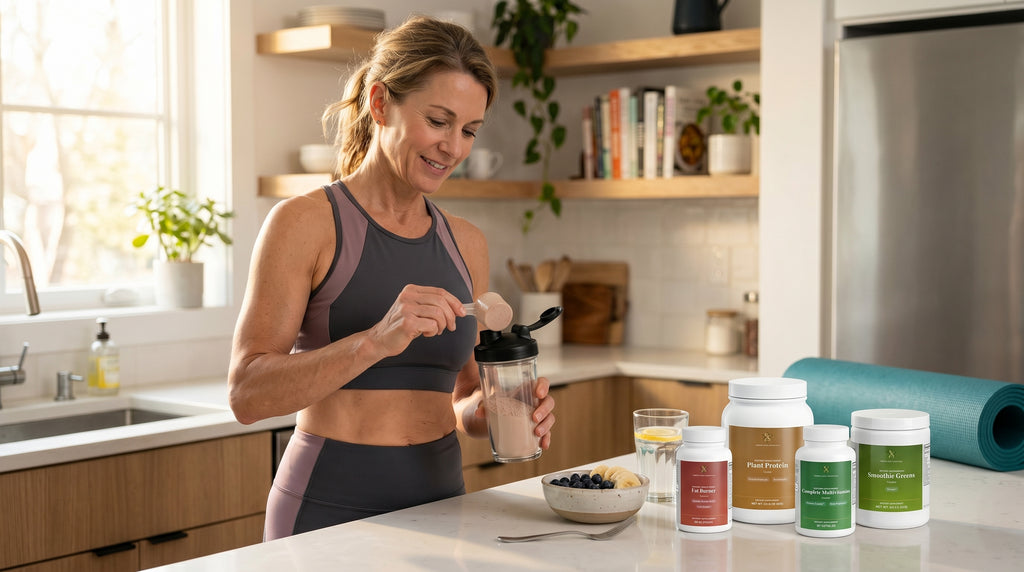 Woman scooping Plant Protein into a shaker in a bright kitchen